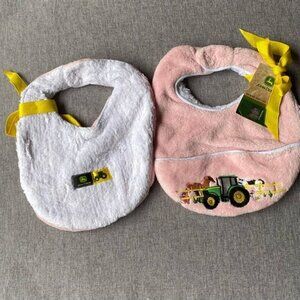 2 Pack John Deere Infant Embroidered Farm Animals Pink Plush Bib
